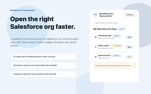 Salesforce CLI Org Launcher :: Launch, group, and manage Salesforce CLI authenticated orgs from Chrome.