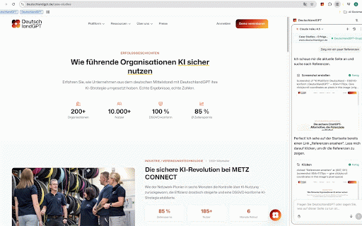 DeutschlandGPT :: DeutschlandGPT in Chrome's side panel — chat that can read and act on the active tab, with approval-gated browser actions.