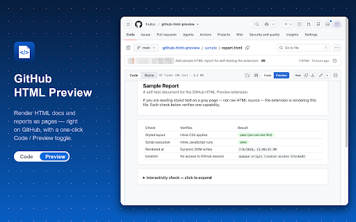 GitHub HTML Preview :: Render .html files on GitHub as pages instead of source code, with a Code/Preview toggle.
