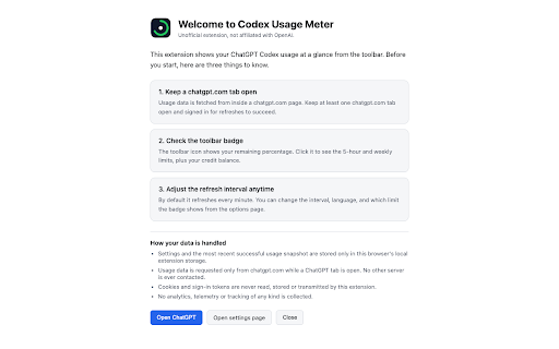 Codex Usage Meter :: Shows your ChatGPT Codex usage limits and credits at a glance. Unofficial, not affiliated with OpenAI.