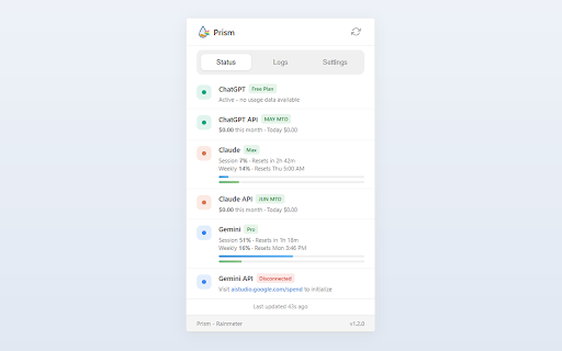 Prism - Rainmeter :: Fetches AI service usage data and sends it to the Prism Rainmeter widget pack.