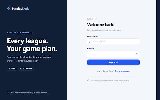 Sunday Desk ESPN Connector :: Import your ESPN Fantasy Football teams into your private Sunday Desk dashboard. Choose your leagues and connect in a few clicks.