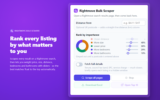 Rightmove Bulk Scraper :: Scrape price, beds, size, tenure and more for every listing on a Rightmove search results page, with Excel export.