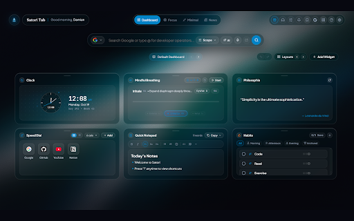 Satori Tab :: A calm, customizable new tab with widgets, ambient soundscapes, focus tools, and a smart search bar in a glassy dashboard.