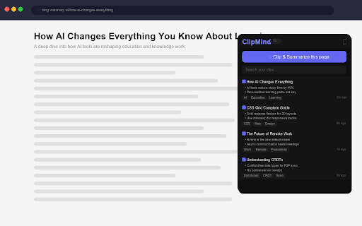 ClipMind — AI Web Clipper :: Capture, summarize, and search anything you read online. AI-powered web clipper with semantic search.