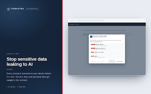 Penaxtra AI Guardrail :: Local AI DLP: blocks secrets, API keys and PII in your prompts and files on ChatGPT, Claude, Gemini and 150+ AI sites.