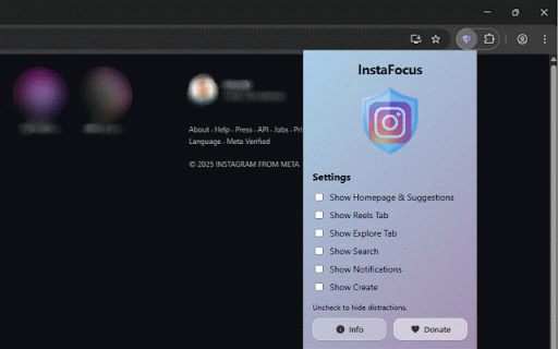 InstaFocus :: Hides Reels and Explore tabs on Instagram to boost productivity.