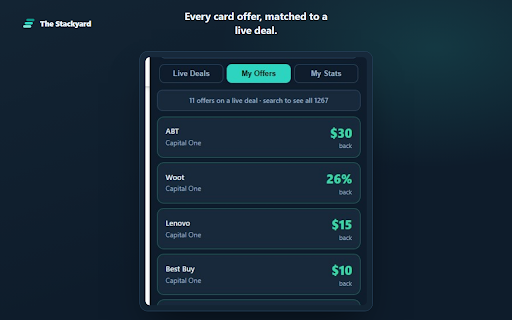 Stackyard — Card Offer Stacker :: Stop doing buying-group math in a spreadsheet. See what a deal really makes once your card offer and portal stack on top.