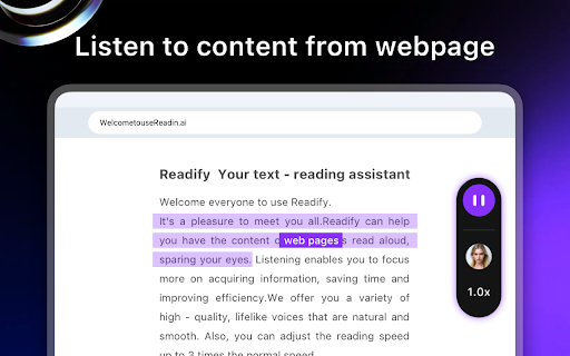 Readify - Lifelike Text to Speech Reader (TTS) :: Readify converts web content to audio via AI TTS (30+ languages), featuring speed control, text highlighting & floating controls.