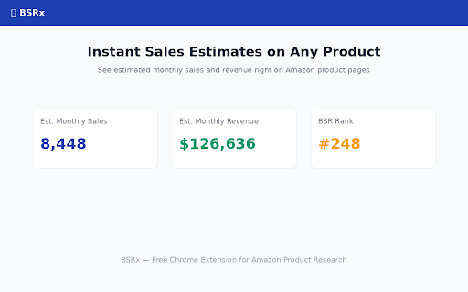 BSRx — Amazon Sales Estimator :: The prescription for Amazon product research. See estimated monthly sales, revenue, and rankings from any Amazon page.