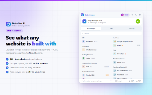 Detechtor AI - Website Technology Checker & Tech Stack Detector :: Detechtor AI checks what any website is built with — CMS & WordPress theme detector, frameworks, analytics, CDN, tech stack.