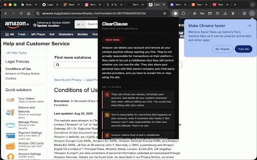 ClearClause :: Understand any Terms of Service instantly. Plain English summaries with risk ratings.