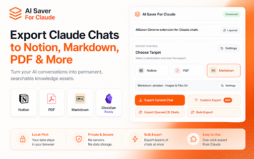 AISaver: Claude Exporter for Notion, Obsidian & PDF :: Bulk export Claude AI chats to Notion, Obsidian, Markdown, and PDF. Local-first, private, and fast.