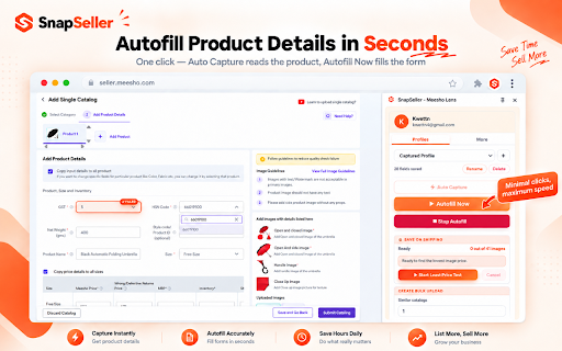 SnapSeller – Meesho & Flipkart Automation :: Autofill listings, bulk upload, sort labels by courier & calculate margins — 100% browser-based. No signup friction.
