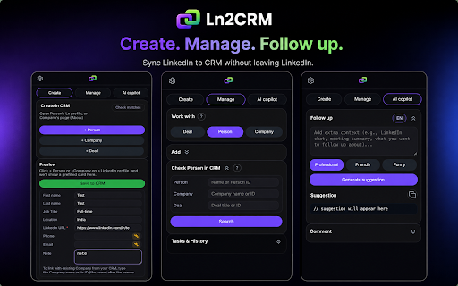 Ln2CRM — LinkedIn CRM sidebar :: Save LinkedIn profiles to Pipedrive, HubSpot, Zoho, or Salesforce from a sidebar. Auto-dedupe, history, AI follow-ups.