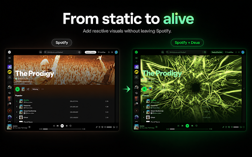 Deus — Spotify Music Visualizer & Themes :: Spotify music visualizer with 30+ audio-reactive presets, custom themes, fullscreen, and local WebGL visuals.