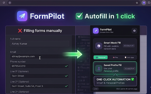 Form Pilot – Autofill Forms & Save Time :: Autofill web forms instantly using saved profiles or mock data. Save time filling forms with this Chrome extension.