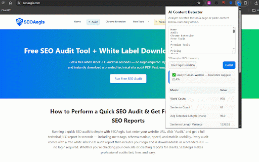 SEOAegis – AI Content Detector :: Heuristic AI vs. human writing detector. Offline, fast, and privacy-first.