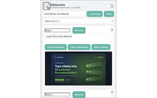 Clickument :: Capture step-by-step screenshots, save scenarios, and export clean Markdown or printable PDF documentation.