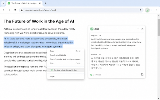 Xlat Local Page Translator :: Translate page and selected text locally with Chrome built-in Translator API.