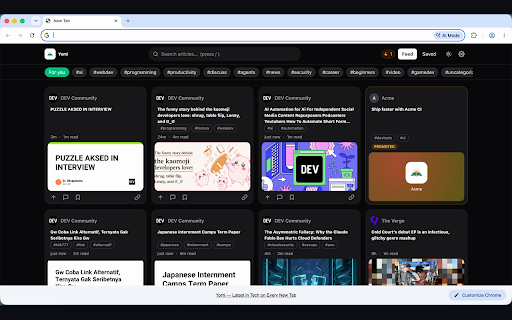 Yomi — Latest in Tech on Every New Tab :: An open, community-friendly feed of the latest tech articles on every new tab. Aggregated from hundreds of developer blogs.