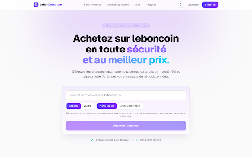 LeBonDétecteur — Historique des prix pour leboncoin :: Historique réel des prix leboncoin : vraies baisses datées, âge de l'annonce, détection d'arnaques et message de négociation.