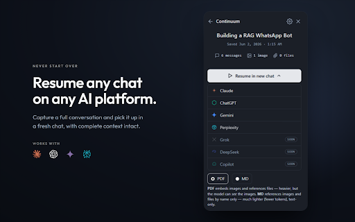Continuum: Capture, Save & Resume AI Chats :: Capture an AI chat session and resume it in a new chat on any supported platform — never lose context to message/length limits.