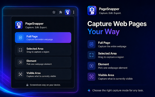 PageSnapper: Capture, Edit & Export :: Capture full pages, selected areas, elements, and visible screens. Edit, redact, compose, and export locally.