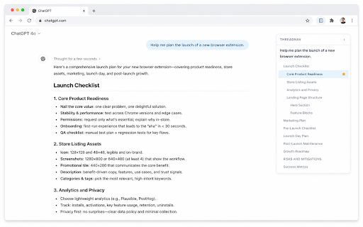 ChatGPT Thread Navigator :: A floating outline for long ChatGPT conversations. Lists every question and assistant heading. Click to jump.