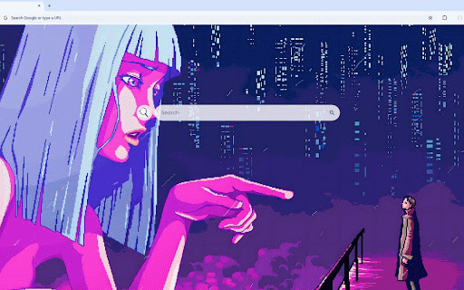 Pixel Blade Runner Live Wallpaper :: Neon hologram with silver hair points accusingly at detective amid cyberpunk cityscape.