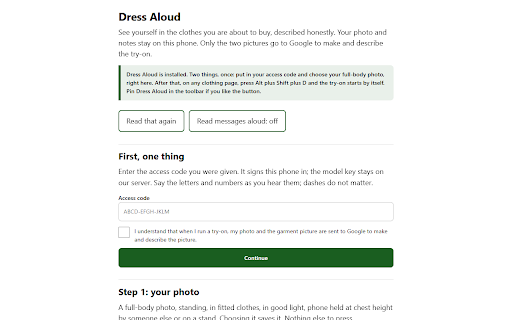 Dress Aloud :: Try on the clothes on the page you are reading and hear an honest description. Built for screen reader users. Alt+Shift+D.
