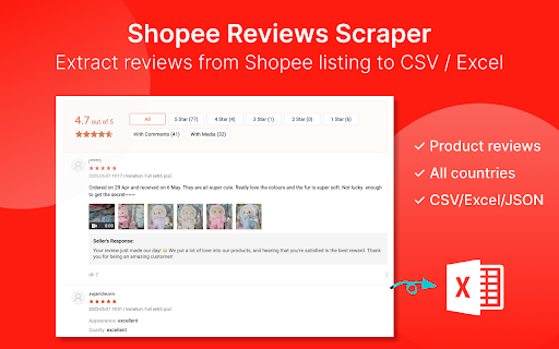 Shopee Reviews Scraper - Extract Shopee Reviews to CSV/Excel/JSON :: Scrape Shopee product reviews to CSV/Excel/JSON. Save Shopee reviews to your computer