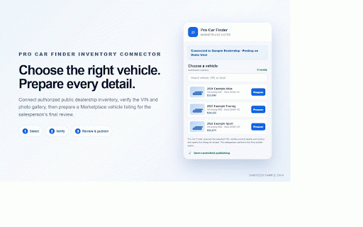 Pro Car Finder Inventory Connector :: Sync authorized dealership inventory and prepare user-confirmed Facebook Marketplace vehicle listings.