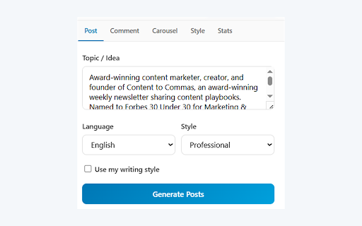 LinkedBoost - AI Writing Assistant for LinkedIn :: Write better LinkedIn posts and comments 10x faster with AI. Learn your style, generate hooks, create carousels.
