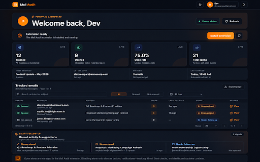 Mail Audit: Free Email Tracker for Gmail :: Free Gmail email tracker with open notifications, Opened/Not opened status, repeat-open counts and no visible signature.