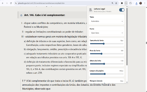 Leitura Legal :: Modo leitura para legislação oficial, com navegação por artigo e ajustes de fonte, tema, margens e espaçamento.