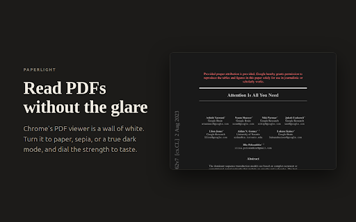 Paperlight: PDF Dark Mode & Read Aloud :: Dark mode, sepia, and paper themes for Chrome's PDF viewer, plus read PDFs aloud with natural offline voices.