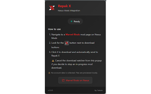Repak X - Nexus Mods Integration :: Adds a 'To Repak X' button on Nexus Mods Marvel Rivals mod pages to quickly send mods to Repak X