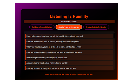 Listening Is Humility :: A extension offering 100 mindfulness quotes categorized into Buddhist and Spiritual Wisdom, Creative Insights on Listening