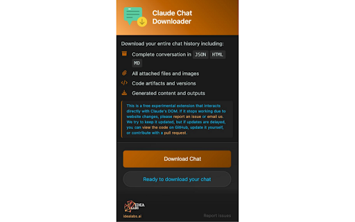 Claude Chat Downloader :: Download chat history, including all files. Save in multiple formats including JSON, HTML, and Markdown.