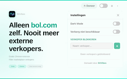 bol.com filter :: Verbergt producten van externe verkopers op bol.com, voor betere garanties, consistentere levertijden en hogere betrouwbaarheid.