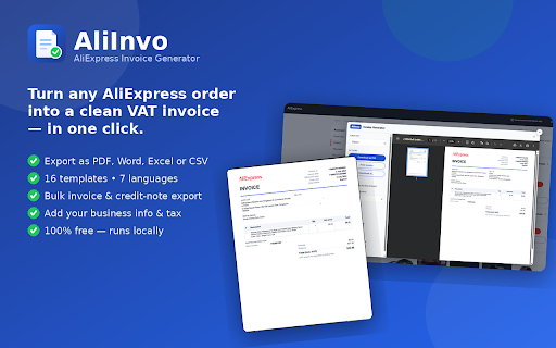 AliInvo - Aliexpress Invoice Generator :: Generate free AliExpress invoices & VAT credit notes as PDF, Word, Excel or CSV in one click, right from your orders page.