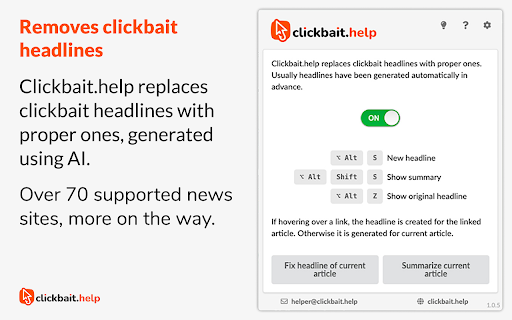 Clickbait.help :: Replaces clickbait headlines with proper ones. Generates headlines and summaries in different tones. Free, no ads or nagging.