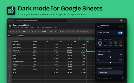 Google Sheets Dark Mode :: Applies a dark theme to Google Sheets.