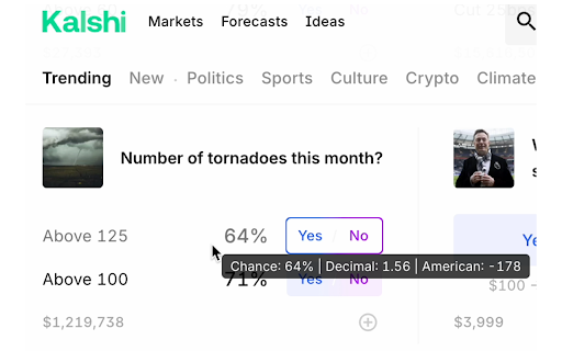 Kalshi Odds Converter :: Shows the source value, Decimal, and American odds on kalshi.com when hovering over cent-based prices or percentages.