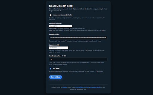 No AI LinkedIn Feed :: Detects AI-written LinkedIn posts using OpenAI, Anthropic, Gemini, or local LLMs and hides them based on your comfort threshold.