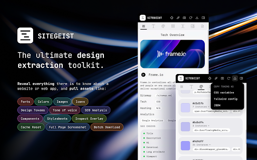 Sitegeist: Design System & CSS Inspector :: Extract any website’s design system: color palette, fonts, CSS button styles, spacing, assets & tech stack. One click, free.