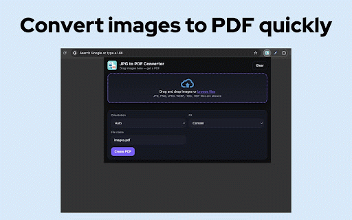 JPG to PDF Converter :: JPG to PDF Converter — format JPG to PDF instantly on any webpage. Simple, fast convert JPG to PDF without leaving your tab.