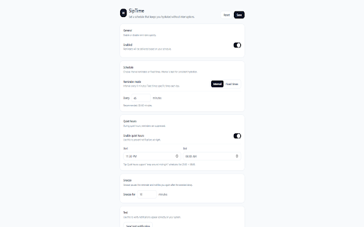 SipTime :: Smart hydration reminders with quiet hours and snooze.