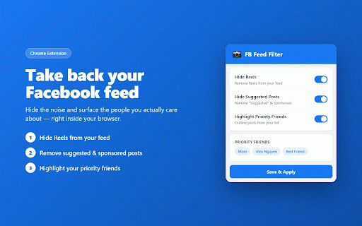 FB Feed Filter :: Clean your Facebook feed: hide Reels, Sponsored & suggested posts, mute keywords and people, highlight close friends.